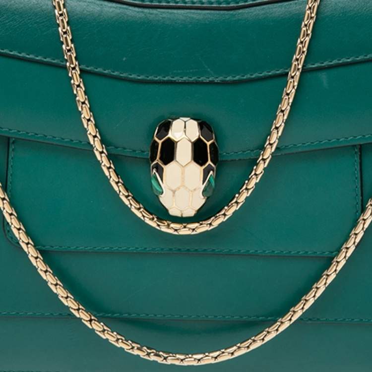 Pre Owned Bvlgari Green Leather Medium Serpenti Forever Flap Shoulder Bag