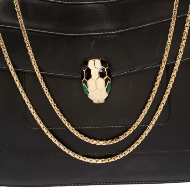 Pre Owned Bvlgari Black Leather Large Serpenti Forever Flap Shoulder Bag