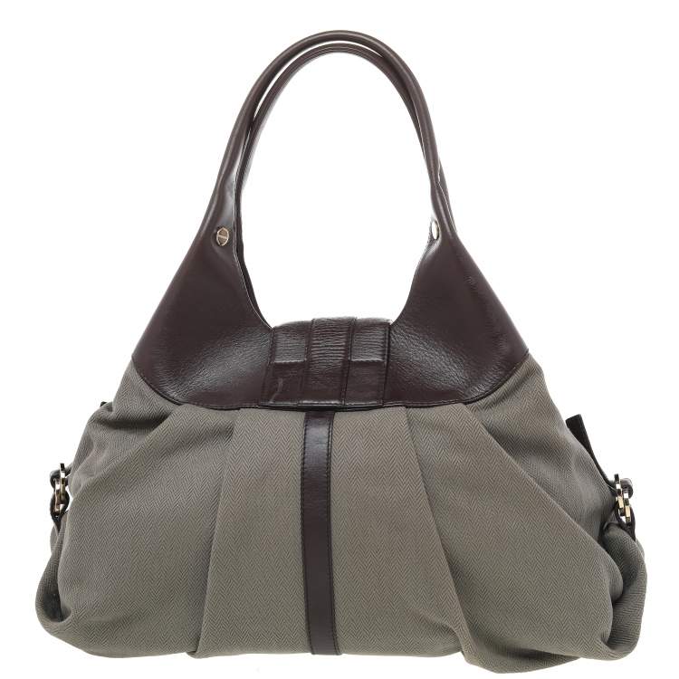 Pre Owned Bvlgari Olive Green/Brown Canvas and Leather Chandra Hobo