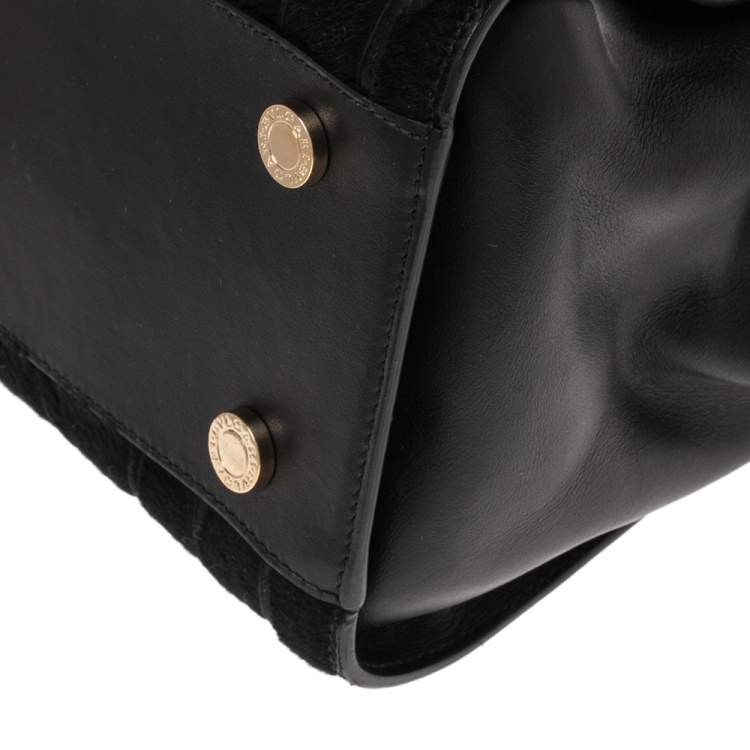 Pre Owned Bvlgari Black Leather and Calf Hair Serpenti Scaglie Tote