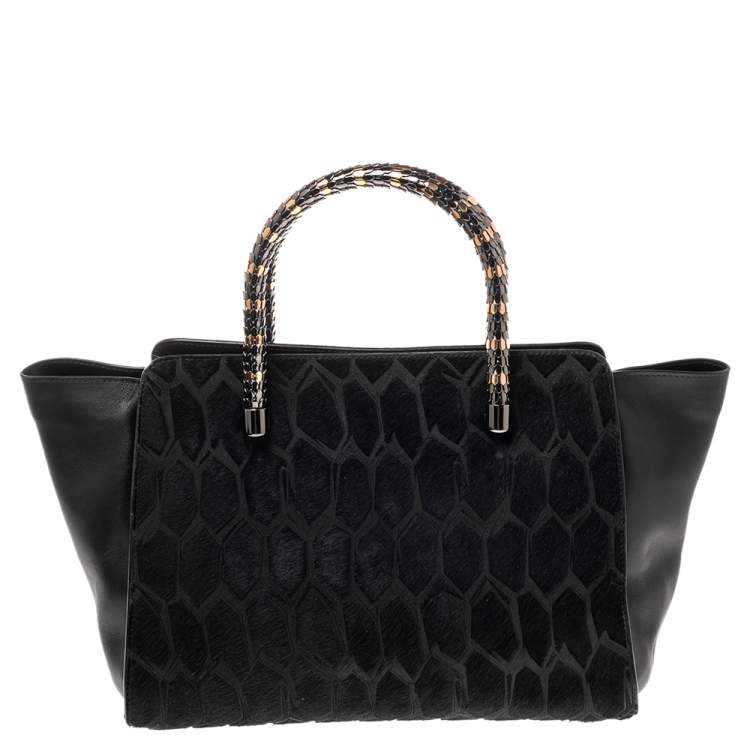 Pre Owned Bvlgari Black Leather and Calf Hair Serpenti Scaglie Tote
