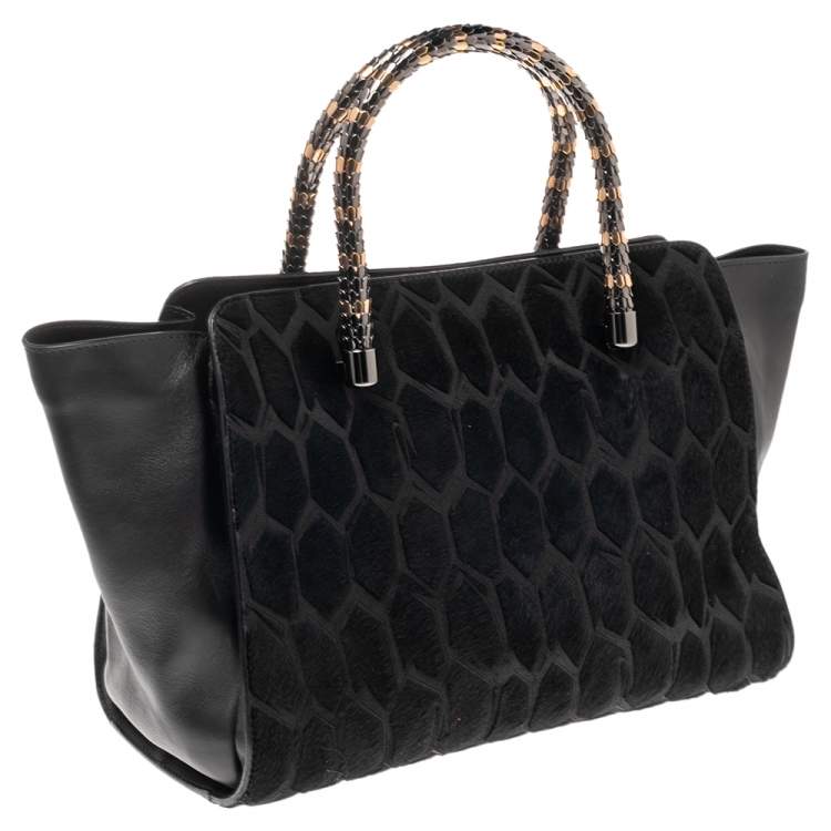 Pre Owned Bvlgari Black Leather and Calf Hair Serpenti Scaglie Tote