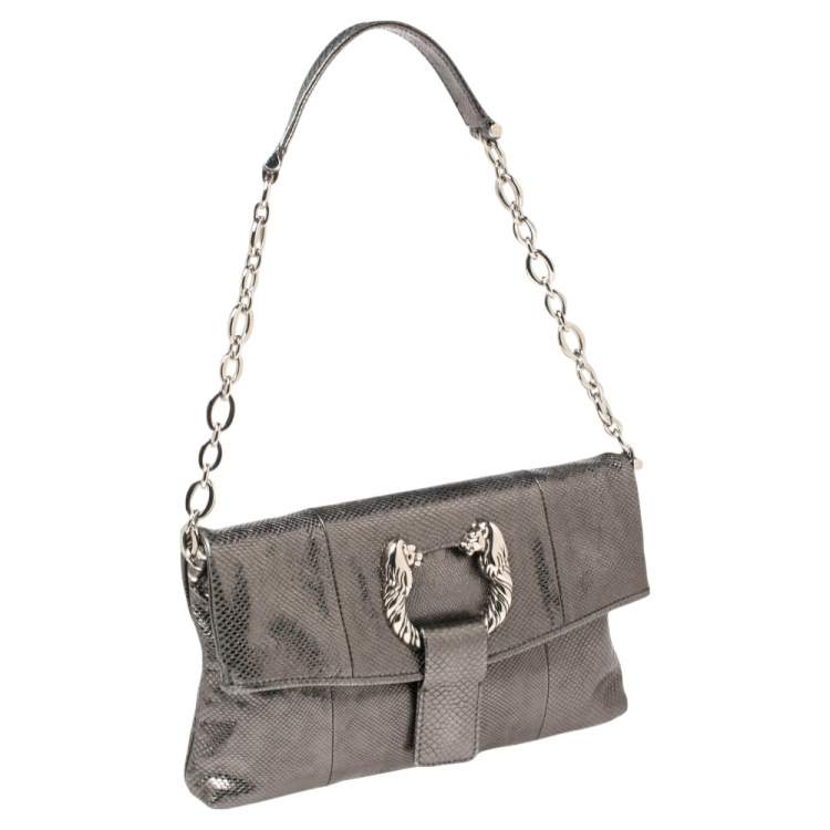 Pre Owned Bvlgari Metallic Grey Snakeskin Leather Leoni Flap Shoulder Bag