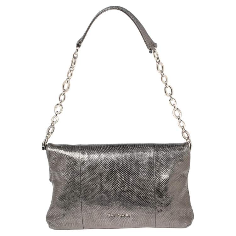 Pre Owned Bvlgari Metallic Grey Snakeskin Leather Leoni Flap Shoulder Bag