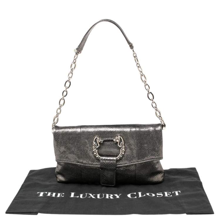 Pre Owned Bvlgari Metallic Grey Snakeskin Leather Leoni Flap Shoulder Bag