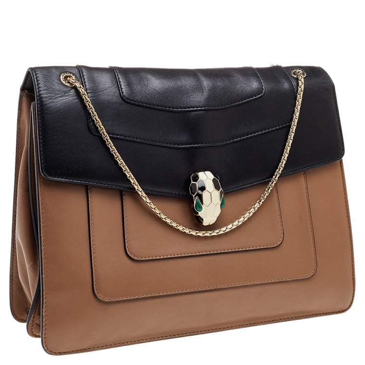 Pre Owned Bvlgari Black/Beige Leather Large Serpenti Forever Flap Shoulder Bag