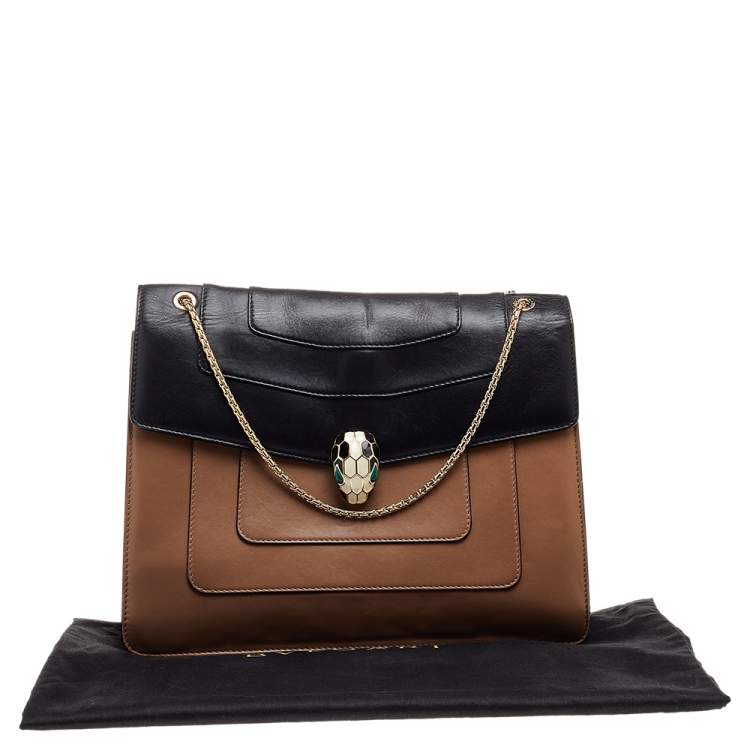 Pre Owned Bvlgari Black/Beige Leather Large Serpenti Forever Flap Shoulder Bag