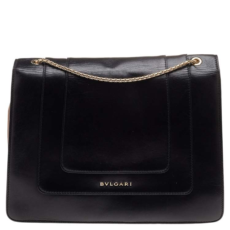 Pre Owned Bvlgari Black/Beige Leather Large Serpenti Forever Flap Shoulder Bag
