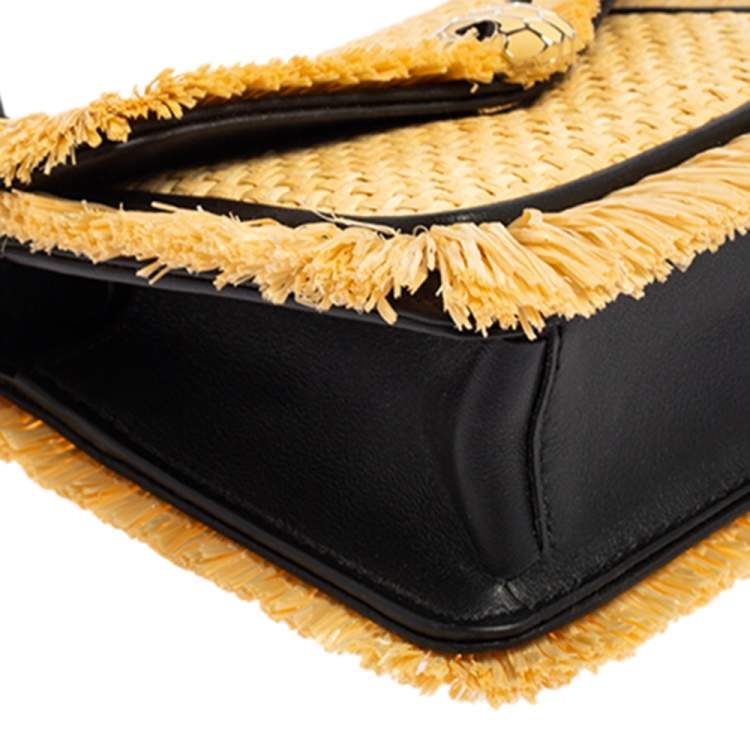 Pre Owned Bvlgari Cream/Black Raffia and Leather Mini Serpenti Forever Crossbody Bag