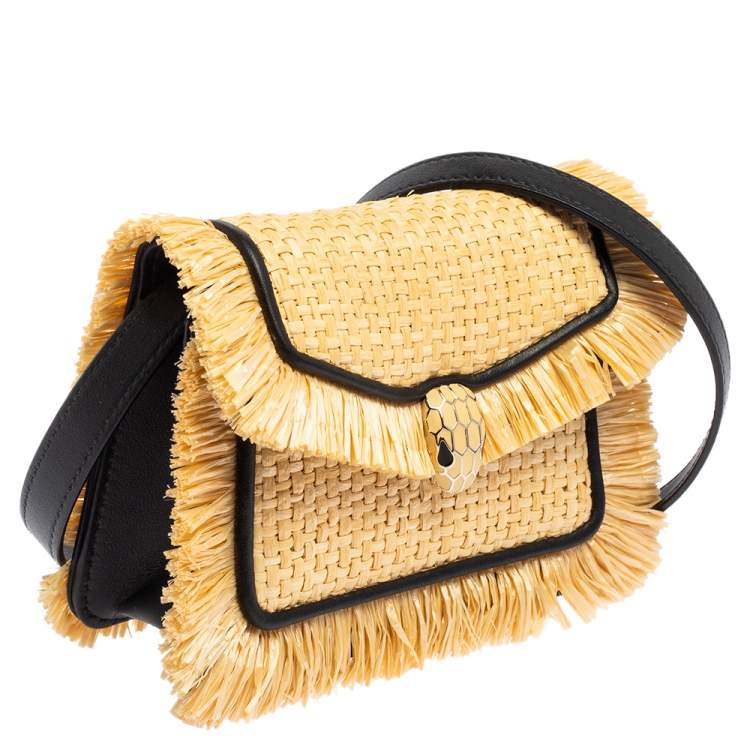 Pre Owned Bvlgari Cream/Black Raffia and Leather Mini Serpenti Forever Crossbody Bag