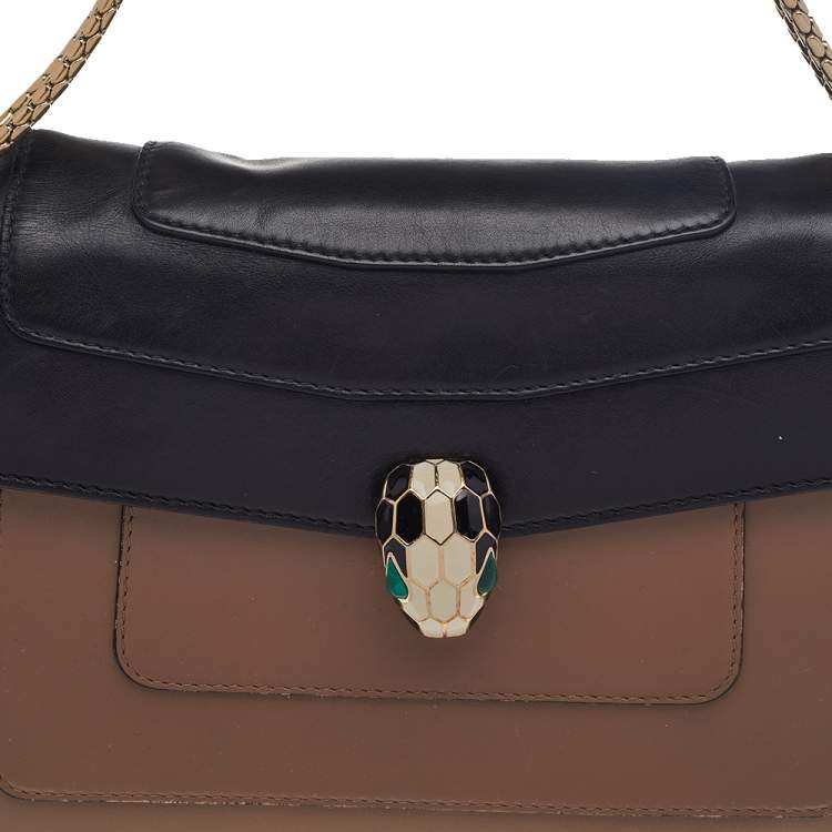 Pre Owned Bvlgari Beige/Black Leather Medium Serpenti Forever Flap Shoulder Bag