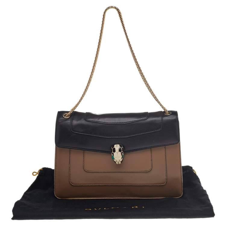 Pre Owned Bvlgari Beige/Black Leather Medium Serpenti Forever Flap Shoulder Bag