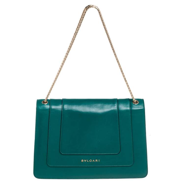 Pre Owned Bvlgari Green Leather Medium Serpenti Forever Flap Shoulder Bag
