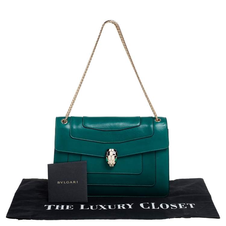 Pre Owned Bvlgari Green Leather Medium Serpenti Forever Flap Shoulder Bag