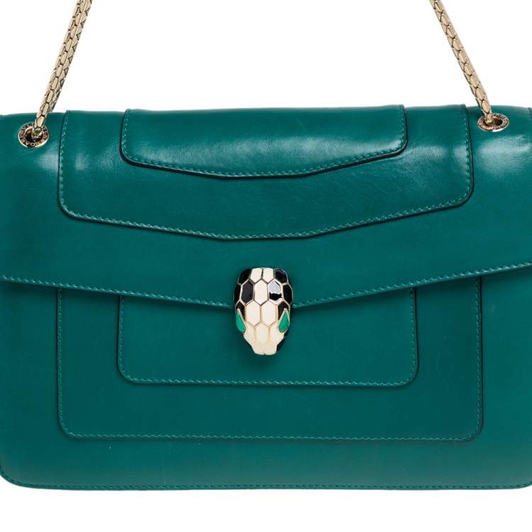 Pre Owned Bvlgari Green Leather Medium Serpenti Forever Flap Shoulder Bag