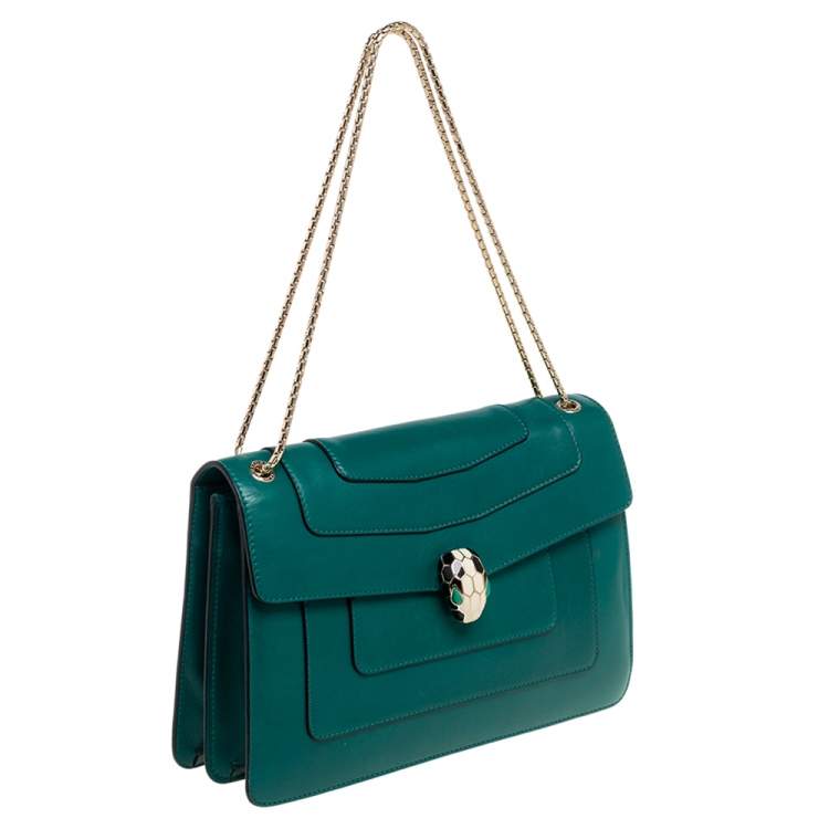 Pre Owned Bvlgari Green Leather Medium Serpenti Forever Flap Shoulder Bag