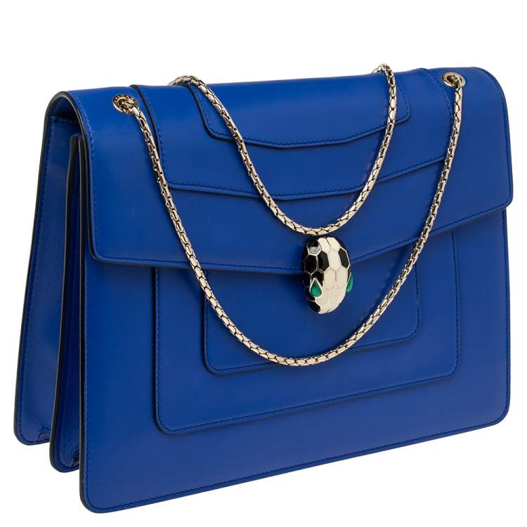 Pre Owned Bvlgari Blue Leather Large Serpenti Forever Flap Shoulder Bag