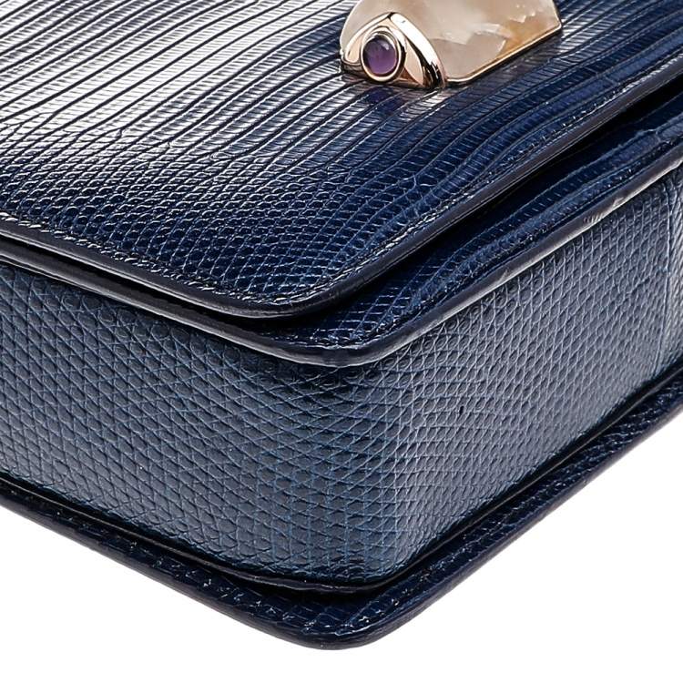 مملوكة مسبقًا Bvlgari Blue Lizard Leather Cabochon Clasp Shoulder Bag