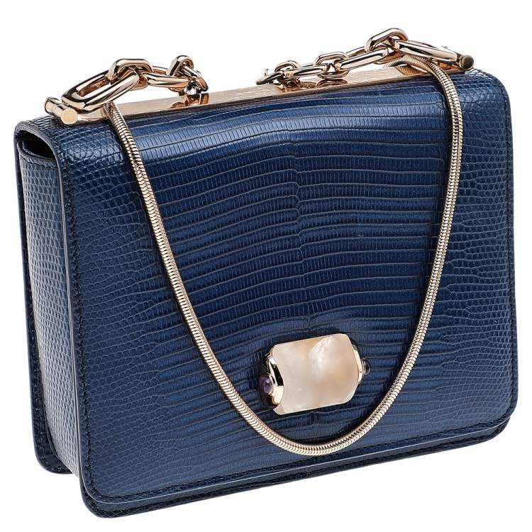 مملوكة مسبقًا Bvlgari Blue Lizard Leather Cabochon Clasp Shoulder Bag