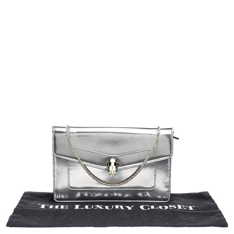 Pre Owned Bvlgari Metallic Silver Patent Leather Serpenti Forever Wallet on Chain