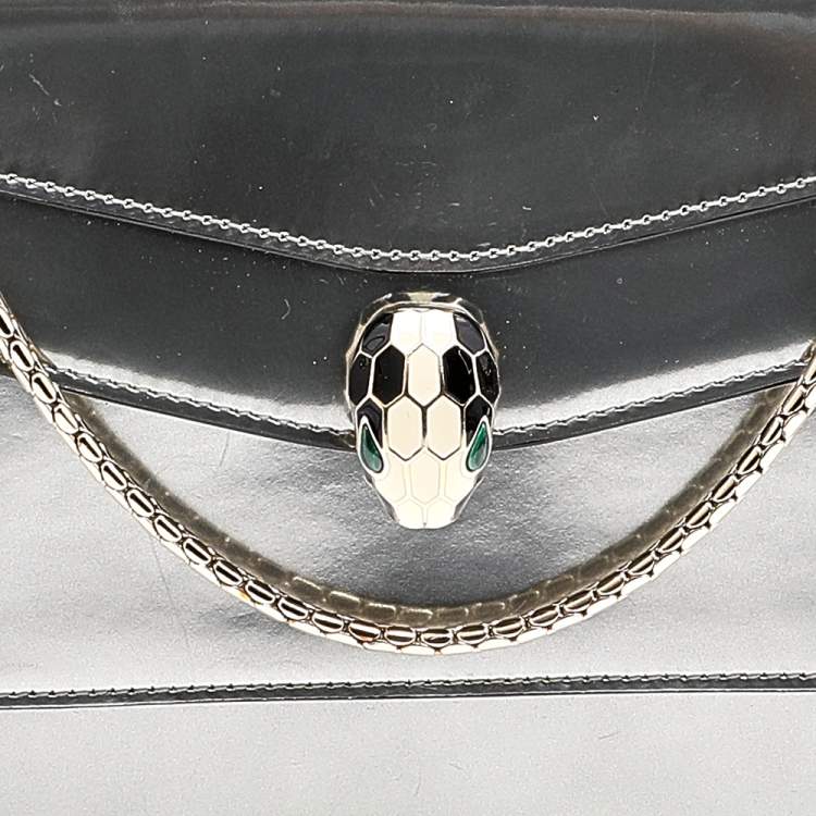 Pre Owned Bvlgari Metallic Silver Patent Leather Serpenti Forever Wallet on Chain