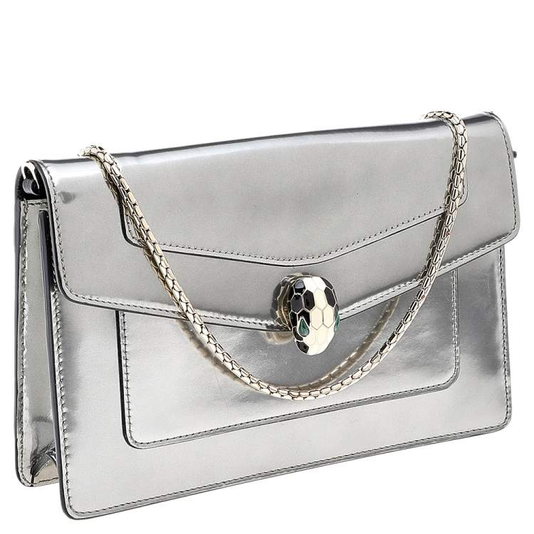 Pre Owned Bvlgari Metallic Silver Patent Leather Serpenti Forever Wallet on Chain