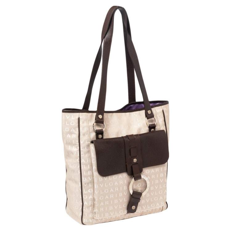 Pre Owned Bvlgari Brown/Beige Signature Canvas and Leather Tote 