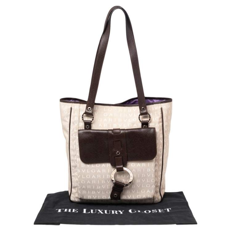 Pre Owned Bvlgari Brown/Beige Signature Canvas and Leather Tote 