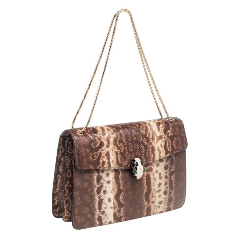 Pre Owned Bvlgari Beige/Brown Karung Medium Serpenti Forever Flap Shoulder Bag