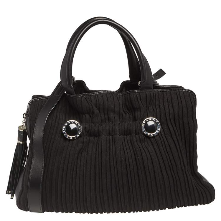 Pre Owned Bvlgari Black Canvas and Leather Pleated Tote