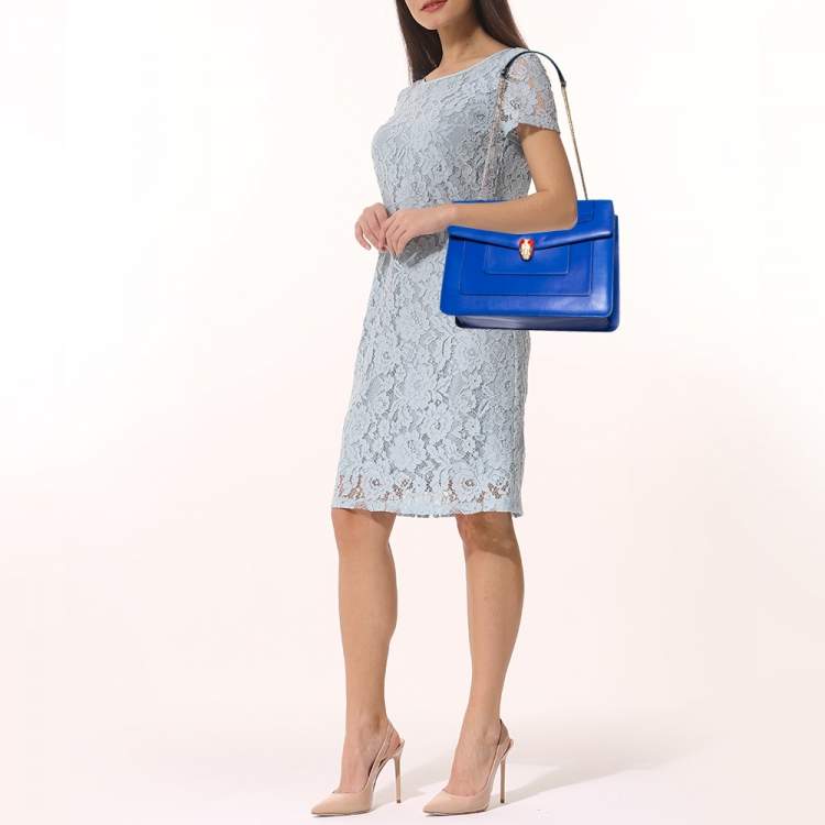 Pre Owned Bvlgari Blue Leather  Serpenti Forever Double Flap Shoulder Bag