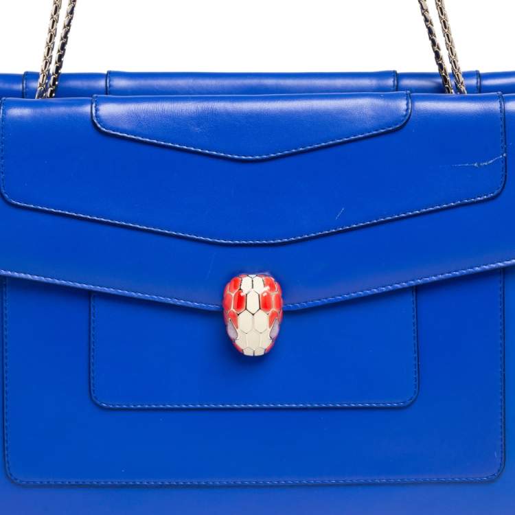 Pre Owned Bvlgari Blue Leather  Serpenti Forever Double Flap Shoulder Bag