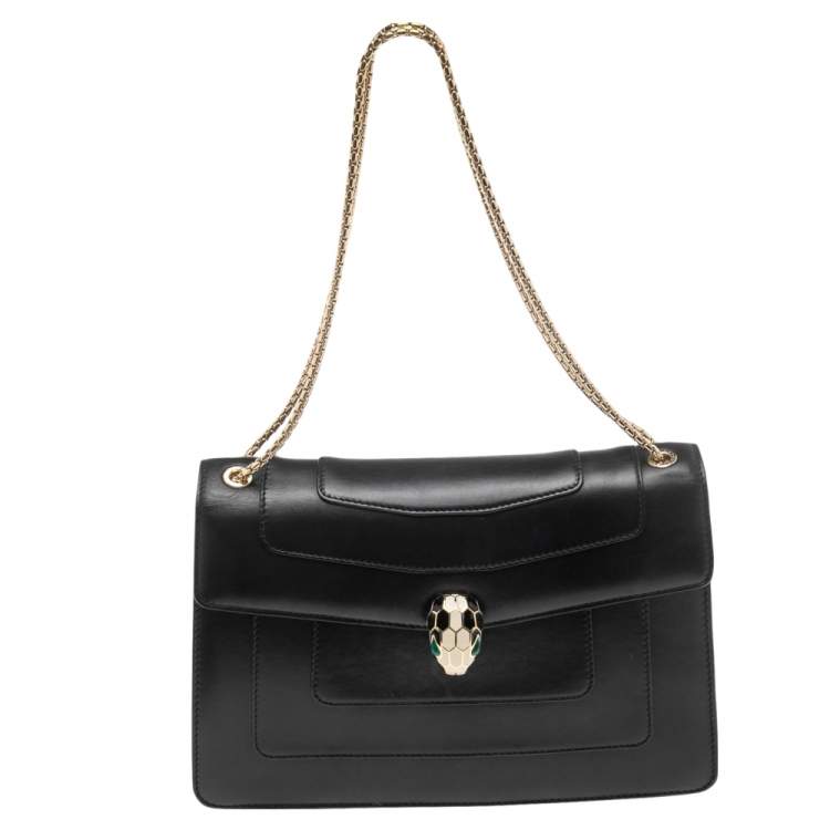 Pre Owned Bvlgari Black Leather Medium Serpenti Forever Flap Shoulder Bag