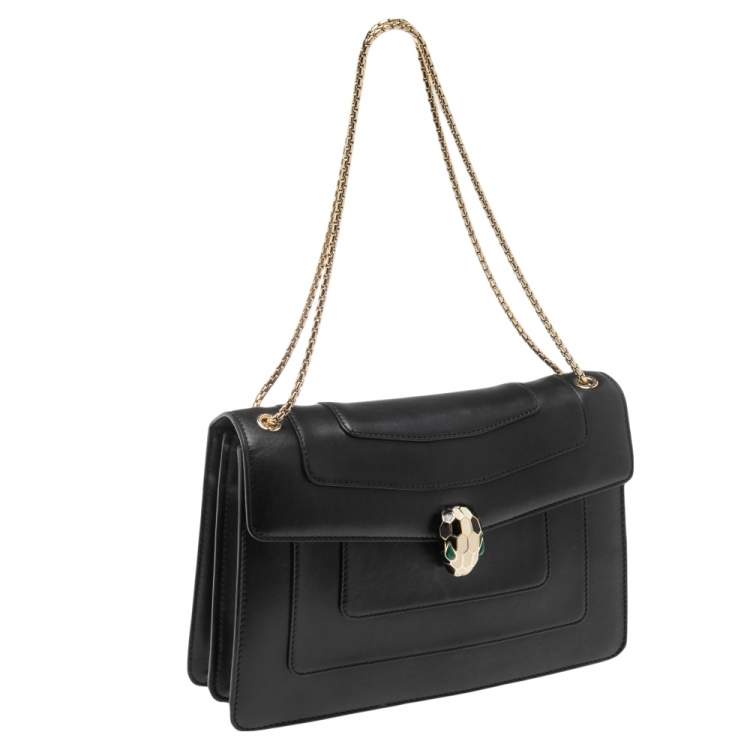 Pre Owned Bvlgari Black Leather Medium Serpenti Forever Flap Shoulder Bag