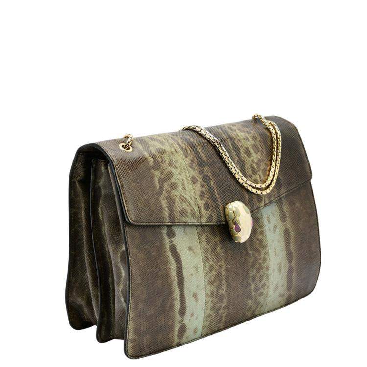 Pre Owned Bvlgari Beige/Brown Karung Medium Serpenti Forever Flap Shoulder Bag
