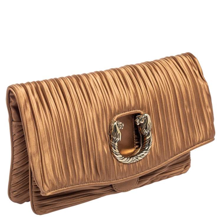 Pre Owned Bvlgari Metallic Brown Pleated Satin Clutch