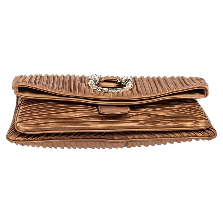 Pre Owned Bvlgari Metallic Brown Pleated Satin Clutch