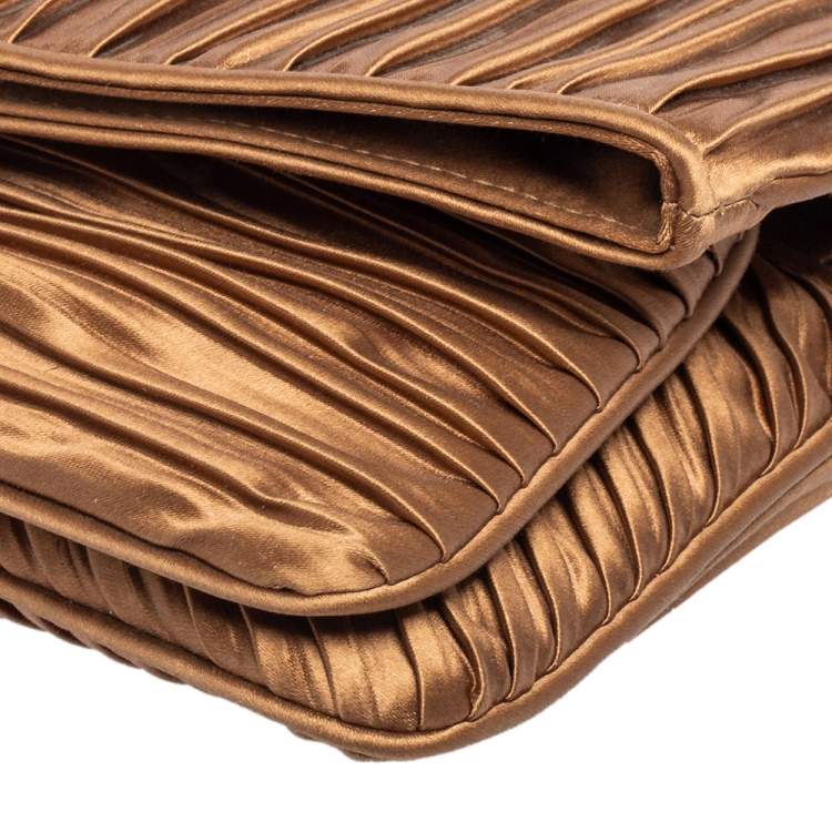 Pre Owned Bvlgari Metallic Brown Pleated Satin Clutch
