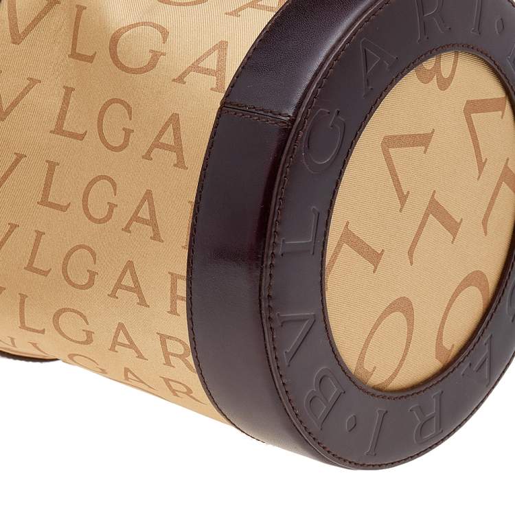 Pre Owned Bvlgari Beige/Brown Canvas And Leather Cylinder Bag