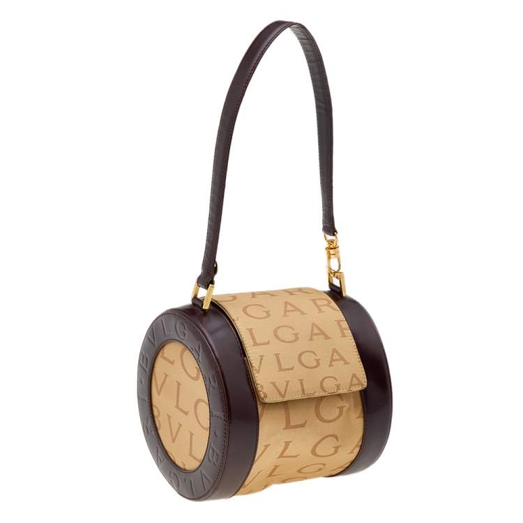 Pre Owned Bvlgari Beige/Brown Canvas And Leather Cylinder Bag