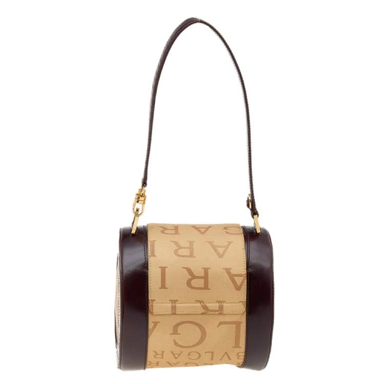Pre Owned Bvlgari Beige/Brown Canvas And Leather Cylinder Bag