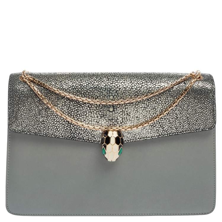 Pre Owned Bvlgari Grey Stingray and Leather Medium Serpenti Forever Shoulder Bag