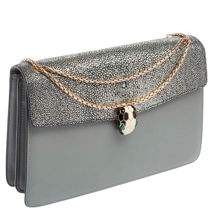 Pre Owned Bvlgari Grey Stingray and Leather Medium Serpenti Forever Shoulder Bag