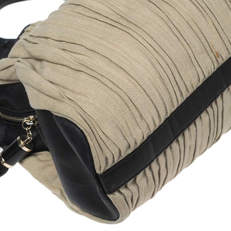 Pre Owned Bvlgari Black/Beige Canvas and Leather Plisse Twist Shoulder Bag