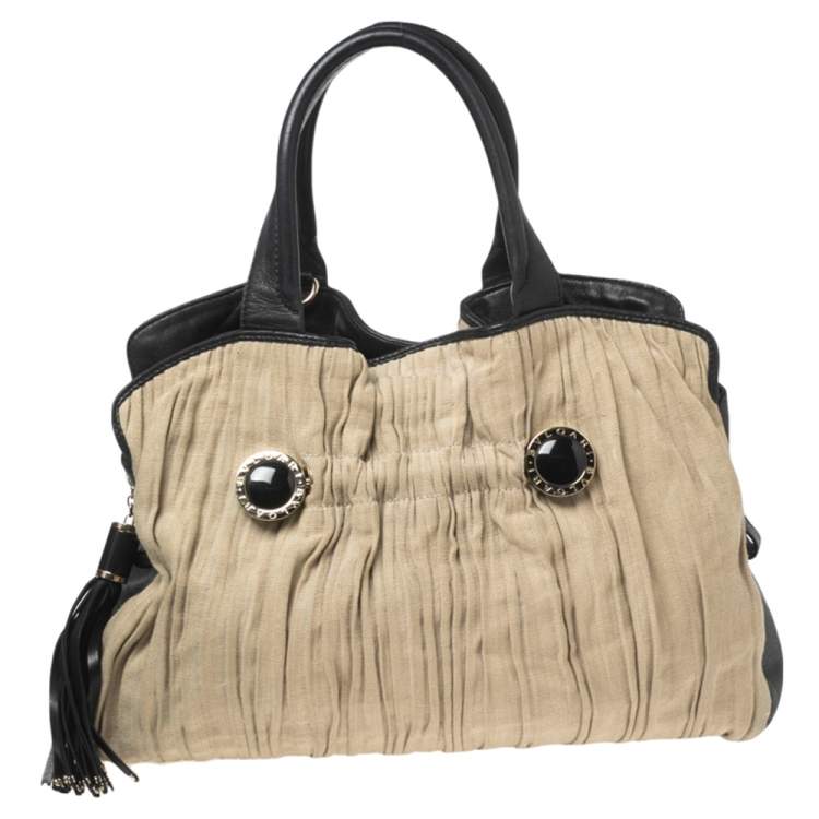 Pre Owned Bvlgari Black/Beige Canvas and Leather Plisse Twist Shoulder Bag