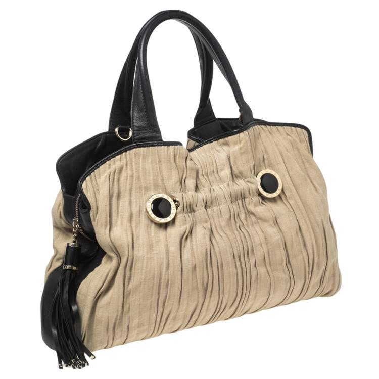 Pre Owned Bvlgari Black/Beige Canvas and Leather Plisse Twist Shoulder Bag