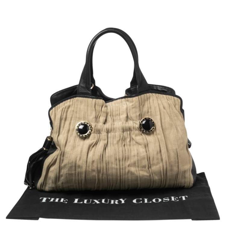 Pre Owned Bvlgari Black/Beige Canvas and Leather Plisse Twist Shoulder Bag
