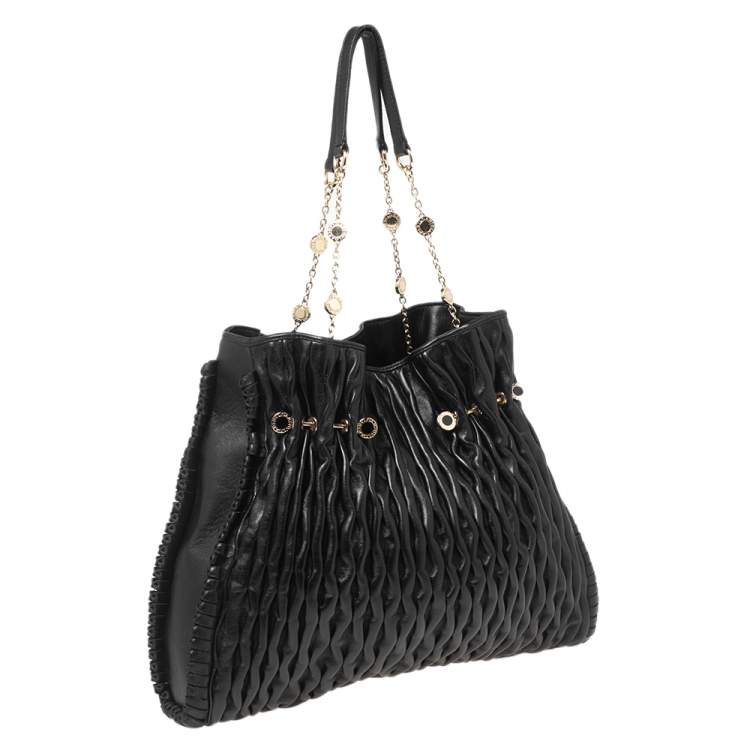 Pre Owned Bvlgari Black Leather Pleated Twit Tote