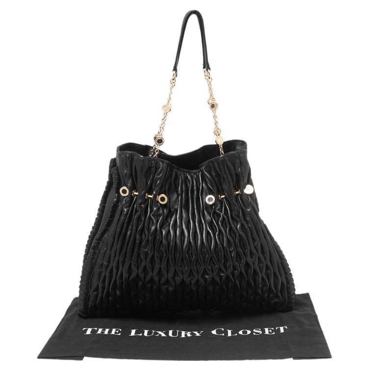 Pre Owned Bvlgari Black Leather Pleated Twit Tote