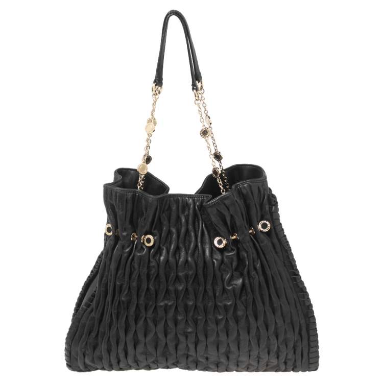 Pre Owned Bvlgari Black Leather Pleated Twit Tote
